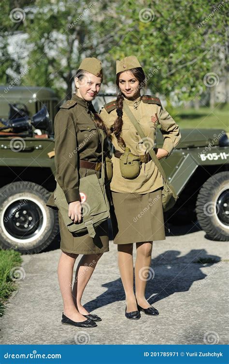 Young Female Reenactors Dressed in Uniform of Red Army Soldiers of ...