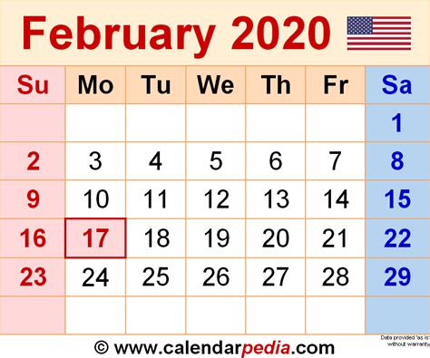 February 2020 - calendar templates for Word, Excel and PDF