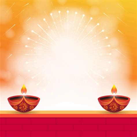 Happy Diwali Background. Two diyas on red brick wall and fire crackers bursting on yellow ...