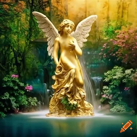 Golden angel statue in a victorian garden