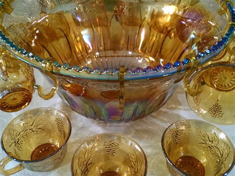 Carnival Glass Punch Bowl Set Indiana Glass Iridescent Gold | Etsy | Punch bowl set, Carnival ...