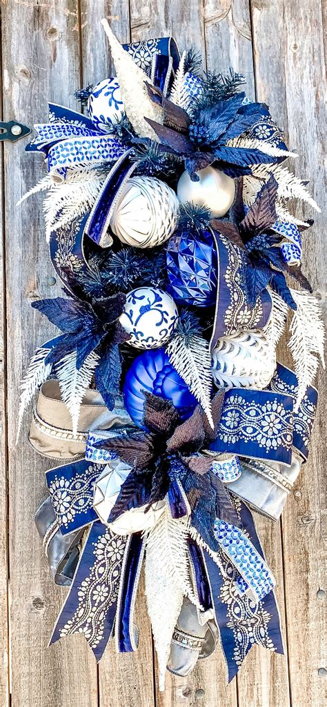 Christmas Wreath, Christmas Swag, Christmas Door Swag, Blue Christmas Wreath, Elegant Christmas ...