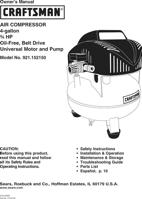 Craftsman 921152150 User Manual AIR COMPRESSOR Manuals And Guides L0903334