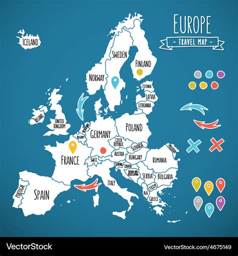 Hand drawn europe travel map with pins Royalty Free Vector