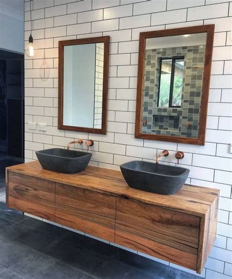 Hardwood timber vanity but with matt black tap ware and white bowl ...