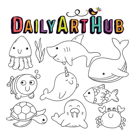 Sea Creatures Outline Clip Art