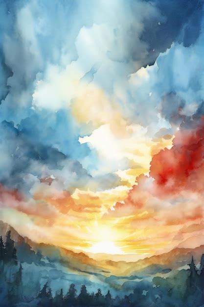 Premium Photo | Watercolor painting of a sunset in the mountains