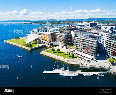 Oslo harbor or harbour at the Aker Brygge neighbourhood in Oslo. Oslo ...