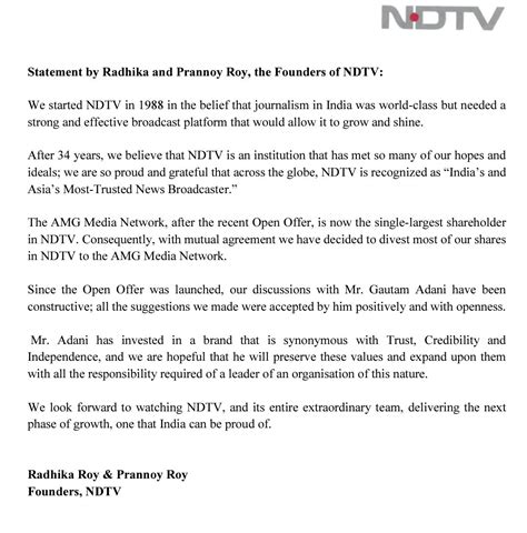 India Ahead News on Twitter: "Media News: NDTV Promoter Statement Radhika Roy, Prannoy Roy to ...