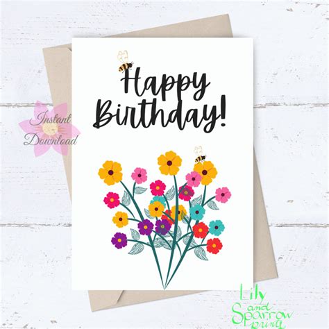 Printable Birthday Card for Her Happy Birthday Bees Flower - Etsy