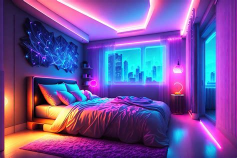 modern bedroom interior with neon lights glowing ambient in the evening ...