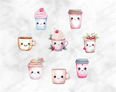 Watercolor Cute Coffee Cup Clipart, Coffee Love, Kawaii Coffee Cups, Kawaii Illustration ...