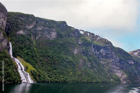 Friarfossen at the Geiranger fjords near Geiranger town from harbor ...