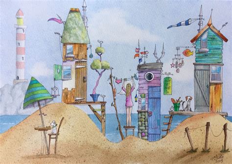 Watercolour painting beach huts | Whimsical art, Art for art sake, Beach watercolor