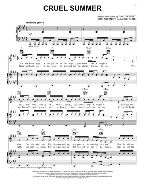 Taylor Swift Cruel Summer Sheet Music Notes, Chords | Piano songs sheet ...