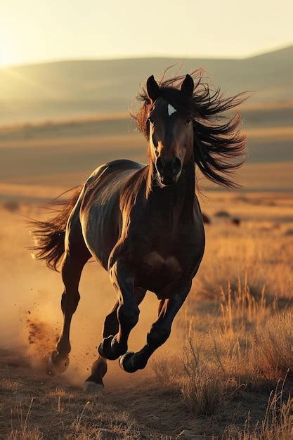 Premium Photo | A horse running in a field at sunset