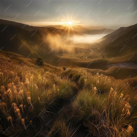 Premium AI Image | A sunrise over a valley with a mountain in the ...