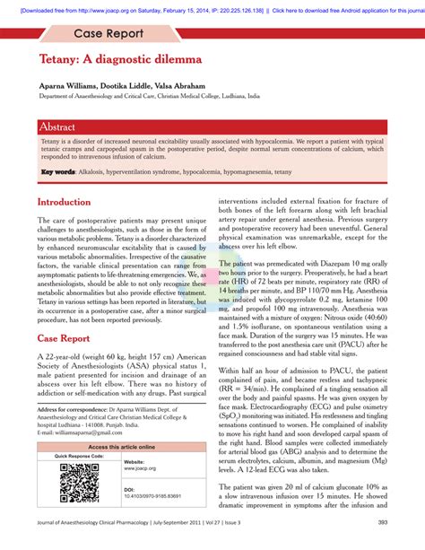 (PDF) Tetany: A diagnostic dilemma