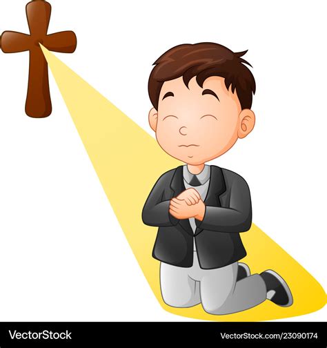 Cartoon little boy kneeling while praying Vector Image