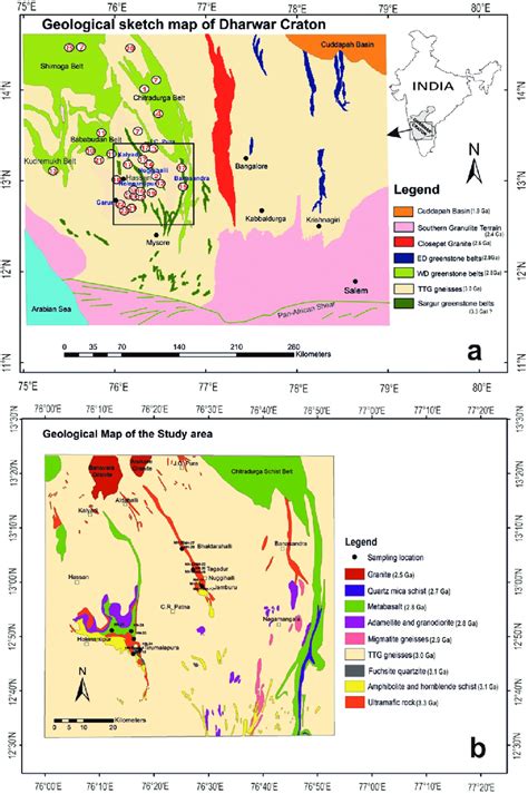 (a) Geological map of the Dharwar craton showing the different... | Download Scientific Diagram