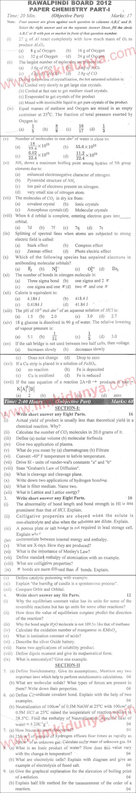 Rawalpindi Board Chemistry Inter Part 1 Past Paper 2012