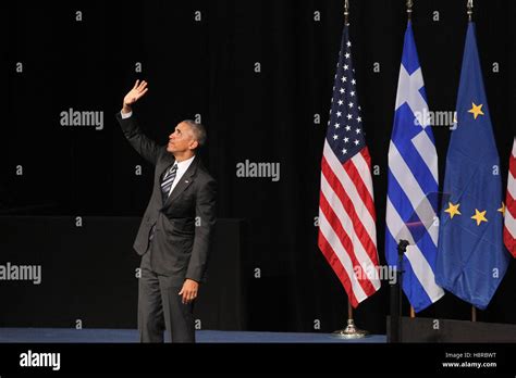 Athens, Greece. 16th Nov, 2016. U.S. President Barack Obama delivers a speech at opera of Athens ...