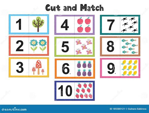 Numbers Flash Cards for Kids. Cut and Match Pictures Stock Vector - Illustration of fish, floral ...