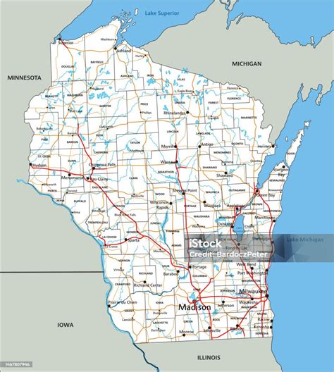 High Detailed Wisconsin Road Map With Labeling Stock Illustration ...