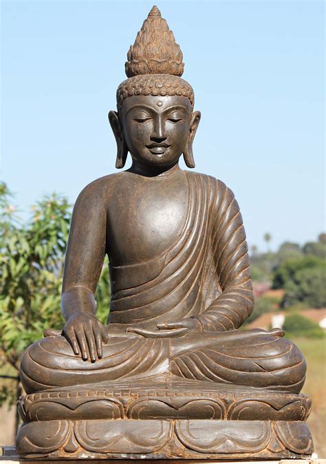 SOLD Stone Peaceful Buddha Statue with Lotus Finial 39" (#102ls394): Lotus Sculpture