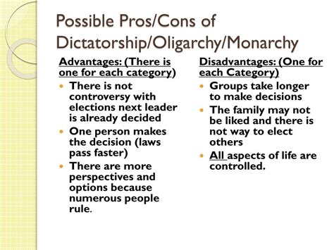 PPT - Possible Pros/Cons of Dictatorship/Oligarchy/Monarchy PowerPoint Presentation - ID:2186716