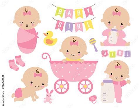 Vector illustration of pink baby girl set. Cute baby girl in a stroller ...