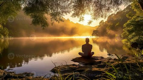 AI Generated serene scene where a person is meditating by a tranquil ...