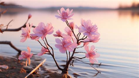 Premium AI Image | cherry blossoms on the shore of a lake at sunset