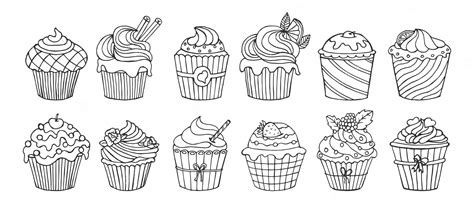 Premium Vector | Set of hand drawn line art holiday cupcakes food icons ...