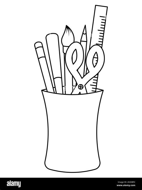 A set of stationery in a glass. Sketch. Scissors, pens, pencil. Vector illustration. Coloring ...