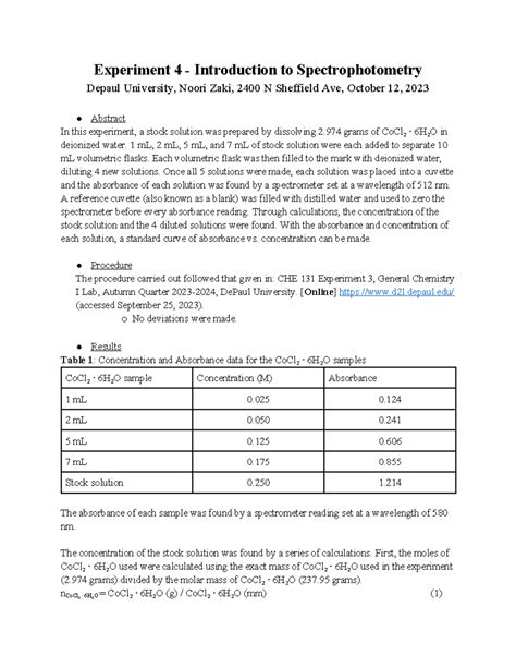 Experiment 4 - Introduction to Spectrophotometry: Lab Report - Experiment 4 - Introduction to ...