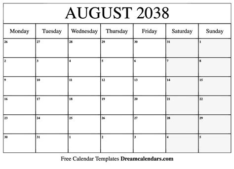 August 2038 Calendar - Free Printable with Holidays and Observances