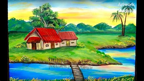 Village Scenery Painting | Easy Landscape Painting | Acrylic Painting Tutorial - YouTube