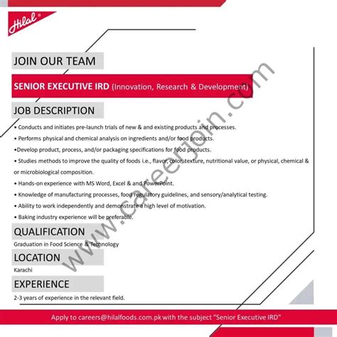 Hilal Foods Pvt Ltd Jobs Senior Executive IRD