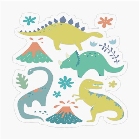 Kawaii Dinosaur in Teal, Yellow, Coral Sticker by latheandquill ...