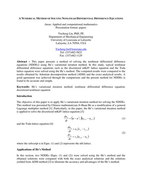 (PDF) A NUMERICAL METHOD OF SOLVING NONLINEAR DIFFERENTIAL DIFFERENCE EQUATIONS