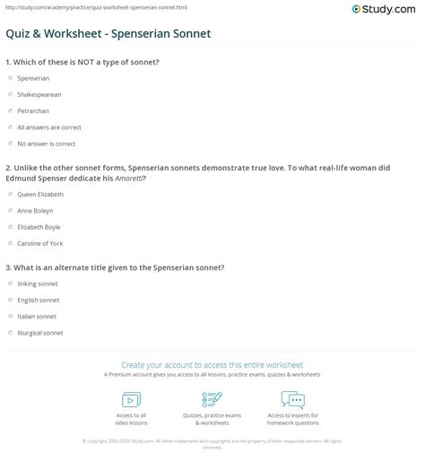 Quiz & Worksheet - Spenserian Sonnet | Study.com