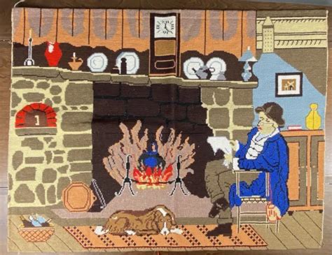 HAND EMBROIDERED NEEDLE Point Art Detailed Living Room Fireplace Scene $24.99 - PicClick
