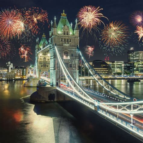 New Year fireworks in London at the Tower bridge with firework, UK ...