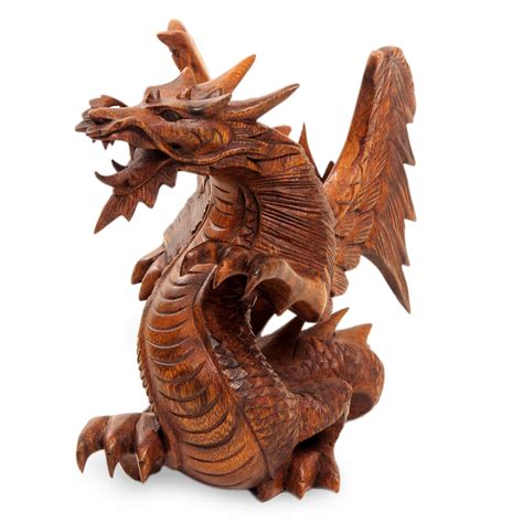 Hand Carved Wood Dragon Sculpture - Winged Dragon | NOVICA