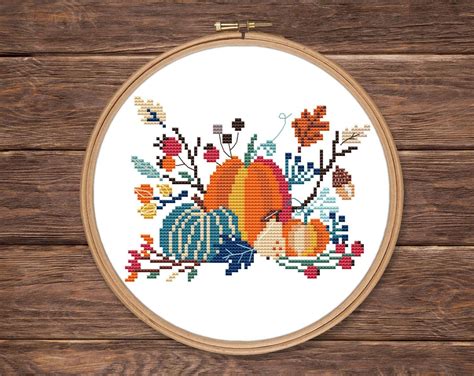 Thanksgiving Day cross stitch pattern PDF, harvest pumpkin floral retro fall autumn nature ...