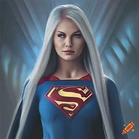 Digital art of a fierce-looking supergirl with long grey hair and red glowing eyes on Craiyon