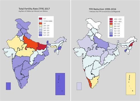 A better map of India's TFR (births per women), and the changes in the last 20 years : MapPorn