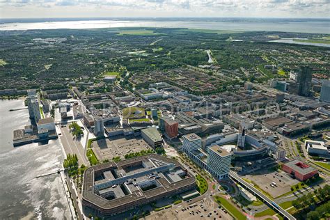 aerial view Almere city center seen from the Flevo hospital ...