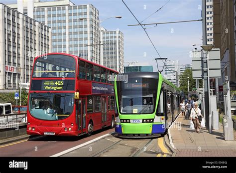 A Tram on the Croydon Tramlink system stops on Wellesley Road in Stock Photo, Royalty Free Image ...